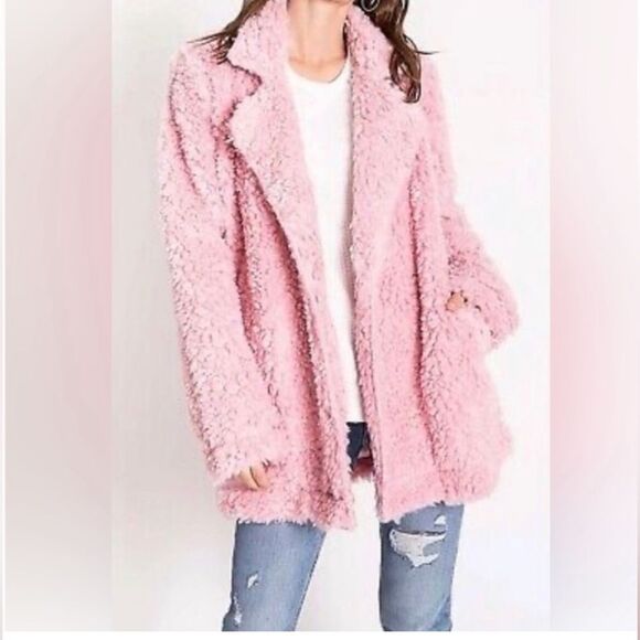 PJ Salvage Pink Sherpa Open Front Oversize Balletcore Coquette Teddy Pea Coat XL - Picture 1 of 9